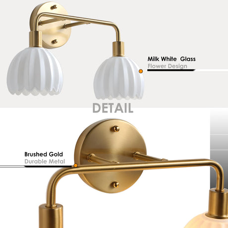 vivihobb 2-Light Gold Brass Bathroom Light Fixture,Wall Sconces,Brushed Gold Vanlity Light Over Mirror,Bathroom Vanity Light with Milk White Glass Flower Shade,E12 Socket(Bulbs Not Included)