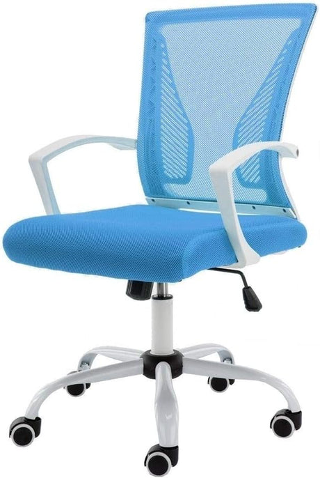 Modern Mid-Back Mesh Office Chair with Armrests, Contemporary Breathable Blue White Office Desk Chair with Adjustable Height Rolling Smooth Mobility Solid Caster Wheels, Ergonomic Office Chair