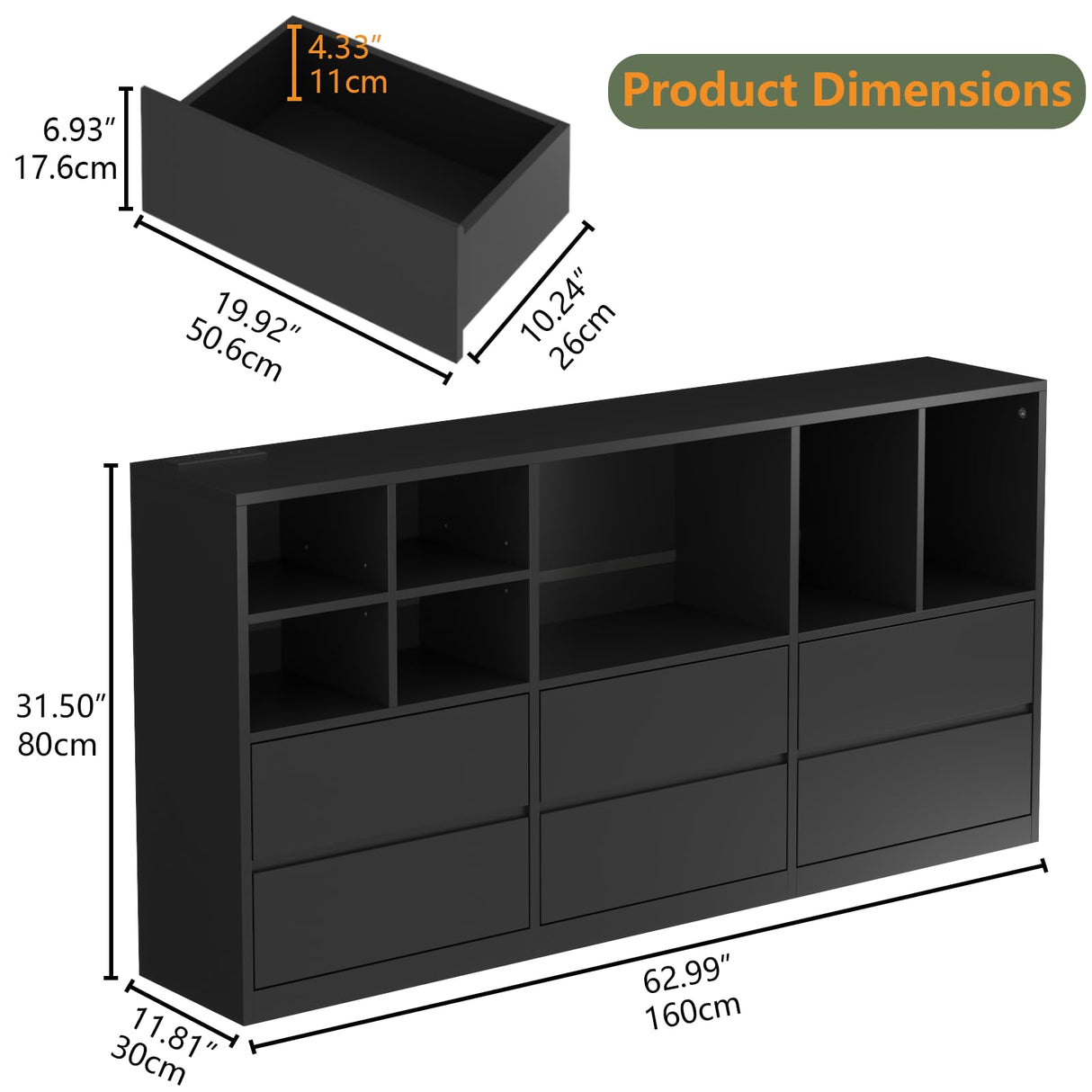 6 Drawers Dresser with 7 Storage Cubbies, LED Chest of Drawers with Power Outlet