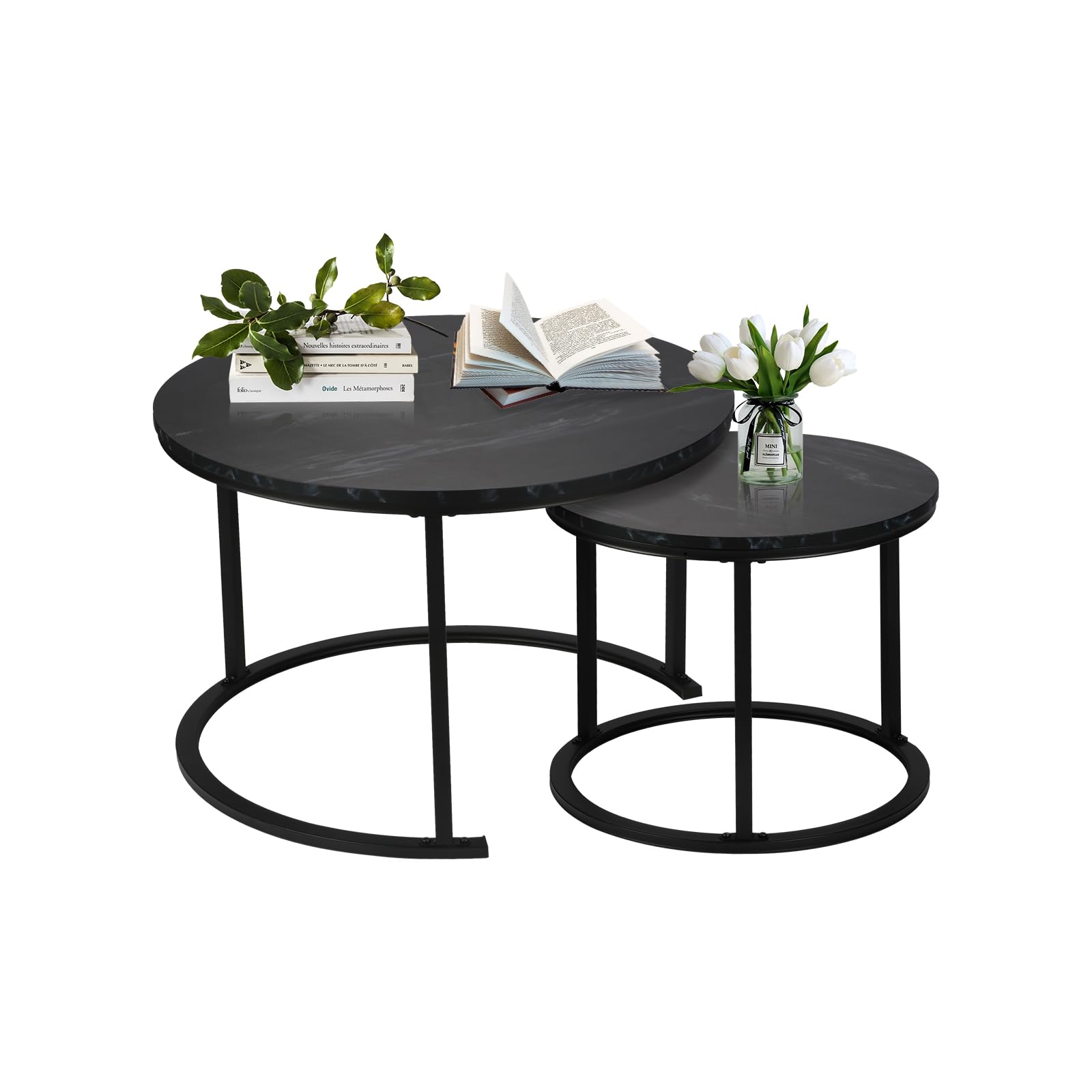 Round Modern Nesting Coffee Table Set of 2,Waterproof Faux Marble Wood Top