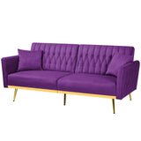 70” Velvet Futon Sofa Bed with 2 Pillows and Adjustable Armrests, Convertible Sleeper Bed