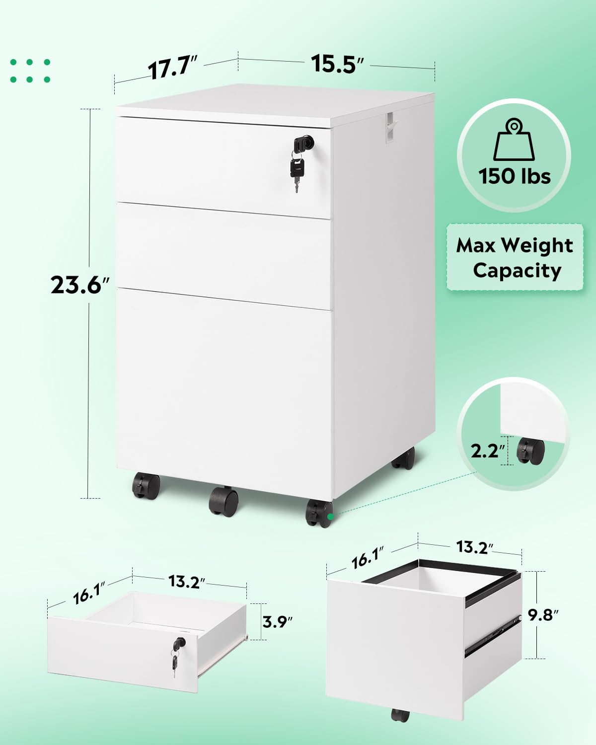 3 Drawer Rolling File Cabinet with Lock, Wood Under Desk Filing Cabinet