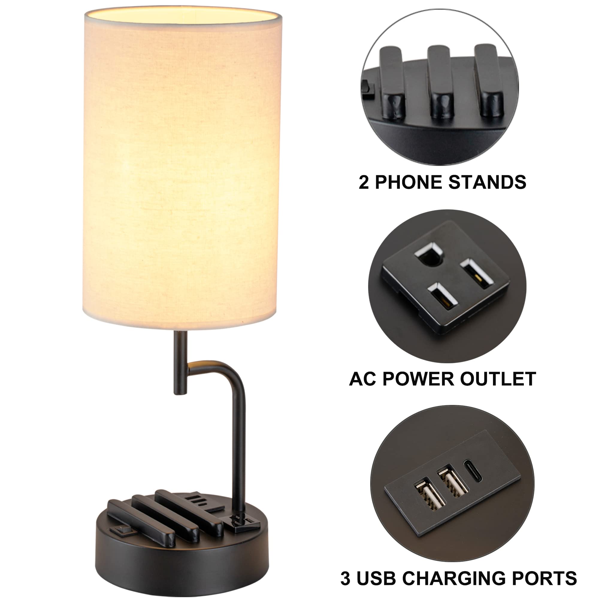 Table Lamp with 3 USB Charging Ports, Modern Desk Lamp with AC Outlet and Phone