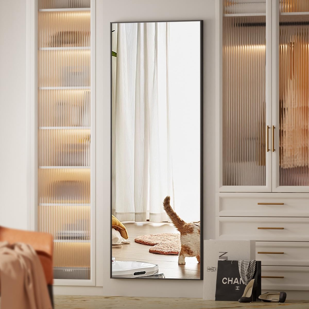 64"x21" Floor Mirror Full Length, Bedroom Floor Body Mirror with Stand, Black Mirror,
