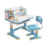 Desk, Desk Chair Set, Widened Desktop Multi Separation Cartoon Pattern Desk Chair Set Kids Adjustable Height Study Table with Drawer Chair Set (Blue)