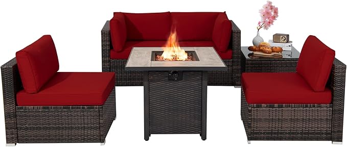 6 Piece Outdoor Rattan Sofa Set with 30in Propane Gas Fire Table