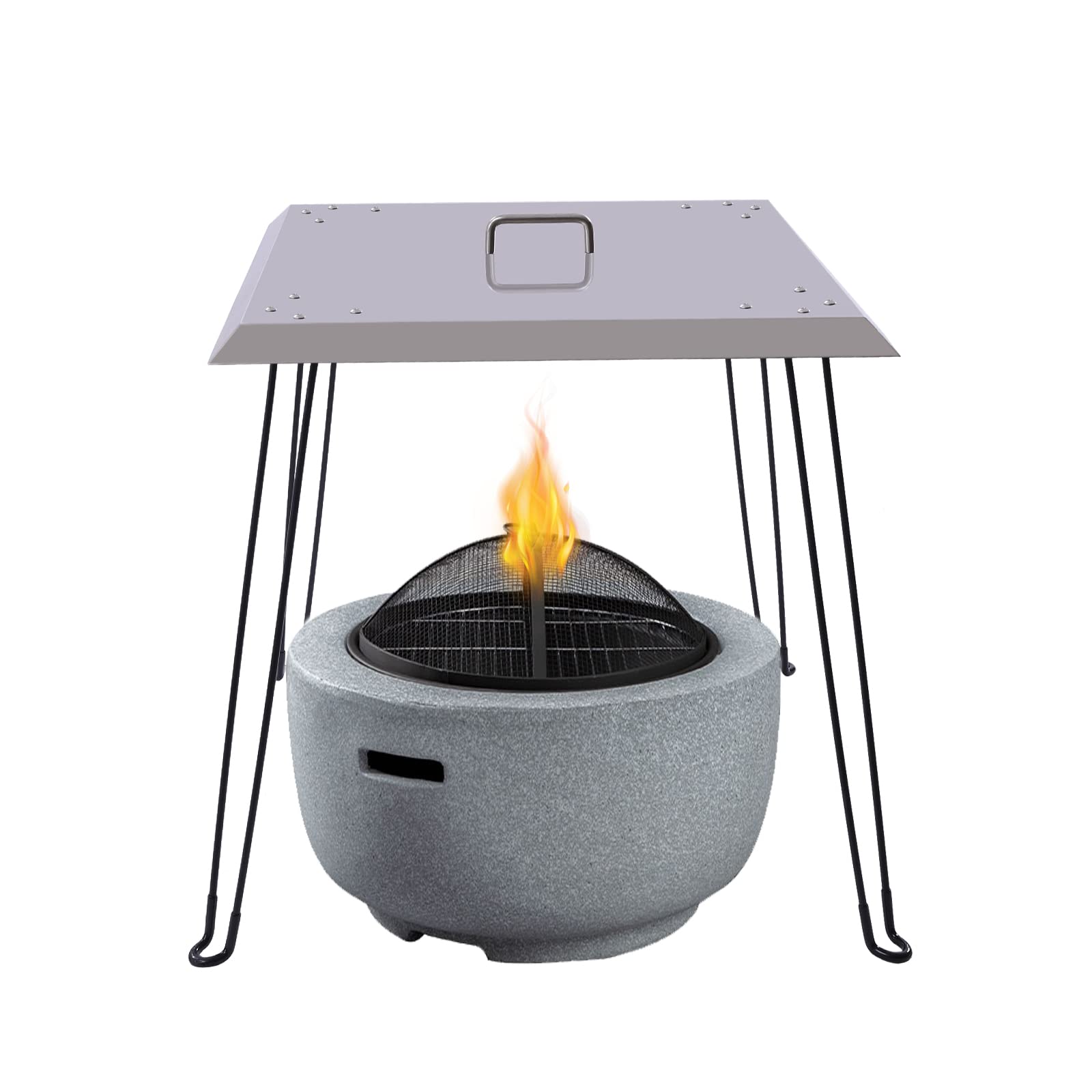 Stainless Steel Fire Pit Heat Deflector - 24x24x24 Inch Square Lid with Foldable Legs & Carrying Handle
