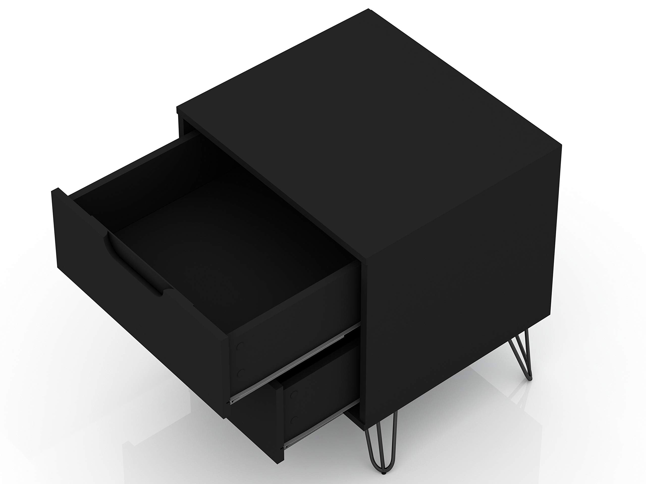 Manhattan Comfort Rockefeller Nightstand with Drawers, Mid Century Modern Bedside Table, Minimalist Display and Storage Organizer, Ideal for Bedroom and Living Room, Black