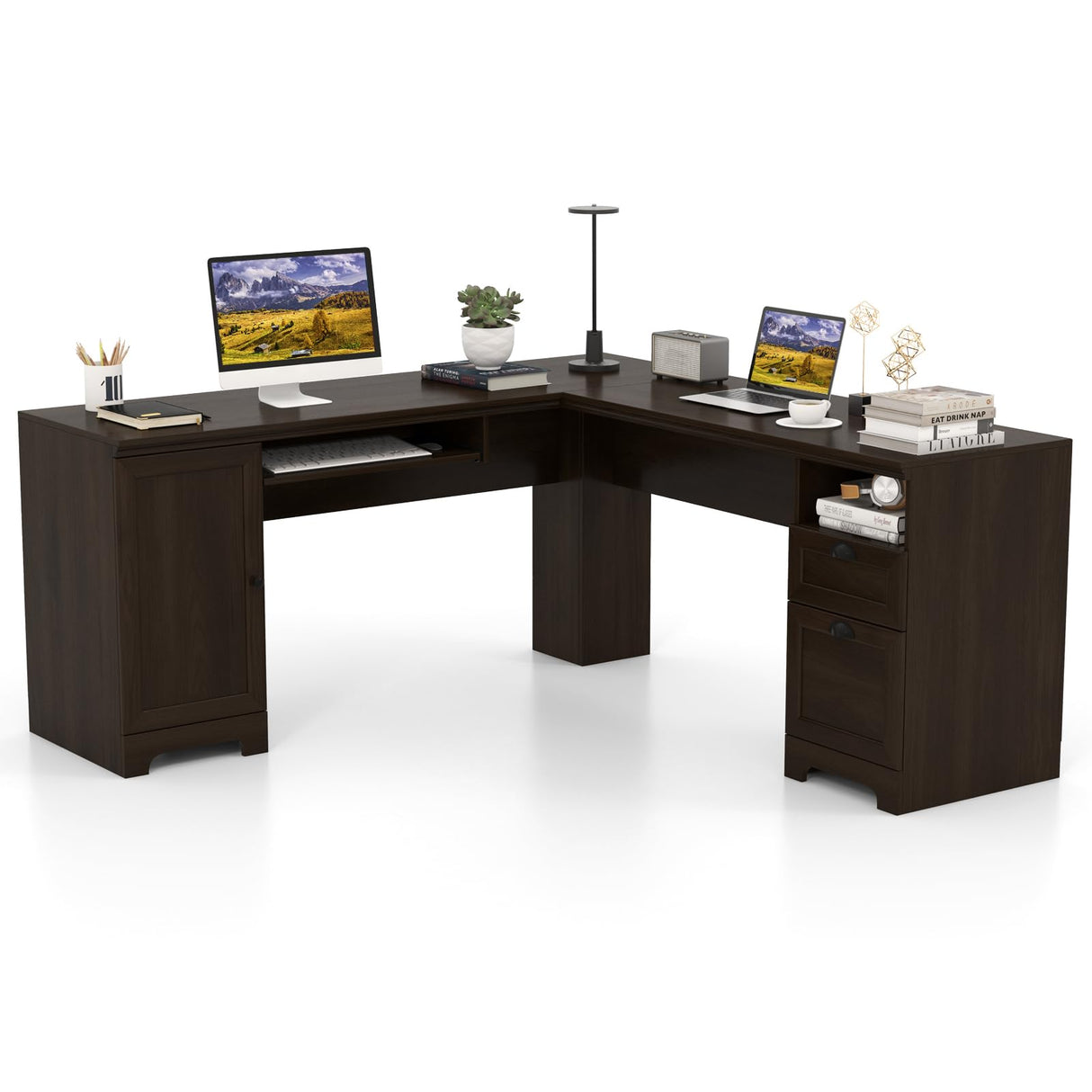 66" x 66" L-Shaped Office Desk with Keyboard Tray, Spacious Corner Computer