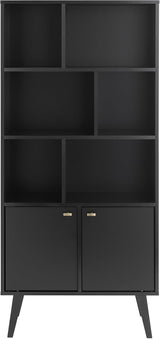 Mid-Century Modern Bookcase with Six Shelves, Two Doors, and Brushed Brass-Finished