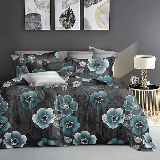 Comforter Set King Size, 3pc Teal Grey and Blue Gradient Striped Pattern