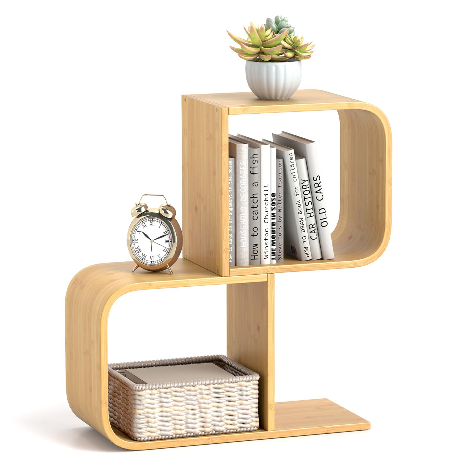 S-Shaped Bookcase, 2-Tier Bamboo Bookshelf with 2 Open Cubes