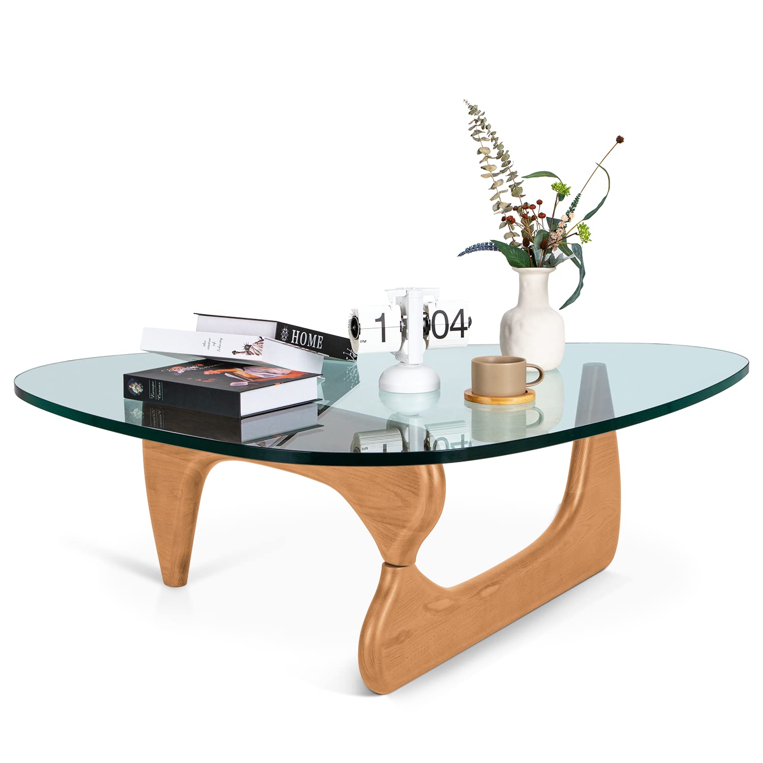 Noguchi Table Triangle Glass Coffee Table Vintage Glass End Table, Solid Wood Base and Triangle Clear Glass Top Modern End Table for Living Room, Patio, Study