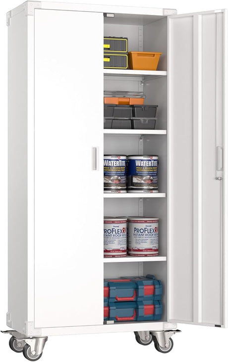 73''H Garage Storage Cabinet with Wheels,Steel Cabinets with 2 Doors and 4 Adjustable