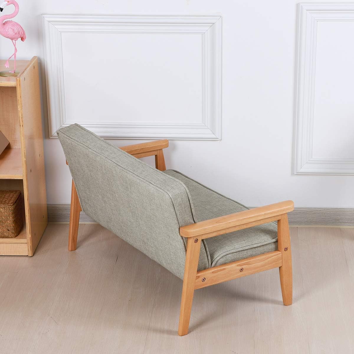 Double Seater Kid Sofa Chair, Kid Couch with Solid Wood Arm and Linen Pattern PVC for Kids Rest