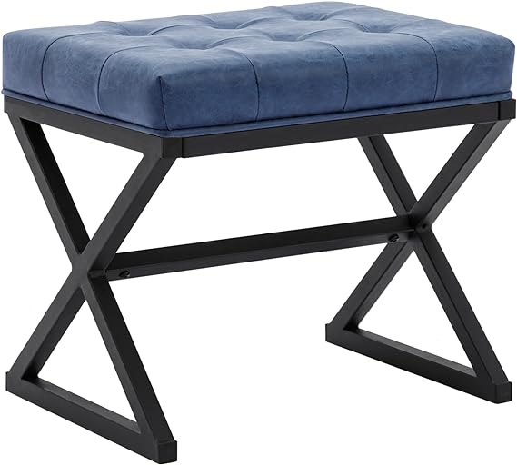 Modern Upholstered Tufted Stool, Lambswool Foot Rest Ottoman with Metal X Leg