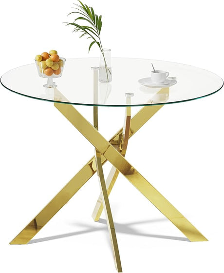 Glass Dining Table,Round Kitchen Table with Chromed Legs,35.3" Small Dining Table for Apartment