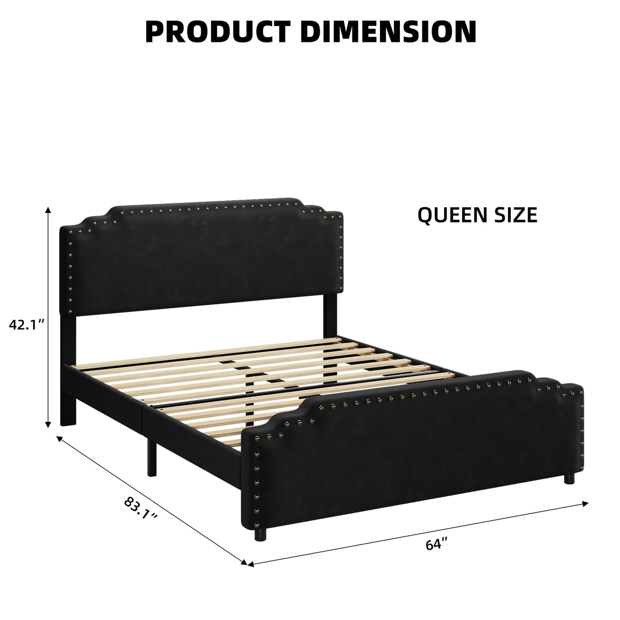 Queen Size Bed Frame with Headboard, Velvet Upholstered Platform Bed with Rivet Decor