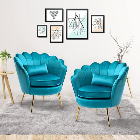 Azure Blue Velvet Chair with Lumbar Pillow for Bedroom, Accent Chair Mid Century Modern Vanity Chair for Living Room, Fabric Upholstered Arm Chair Guest Chair with Golden Metal Legs