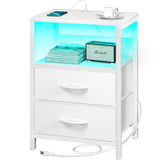 Nightstand with Charging Station, LED Night Stand with Fabric Drawers and Storage Shelf for Bedroom