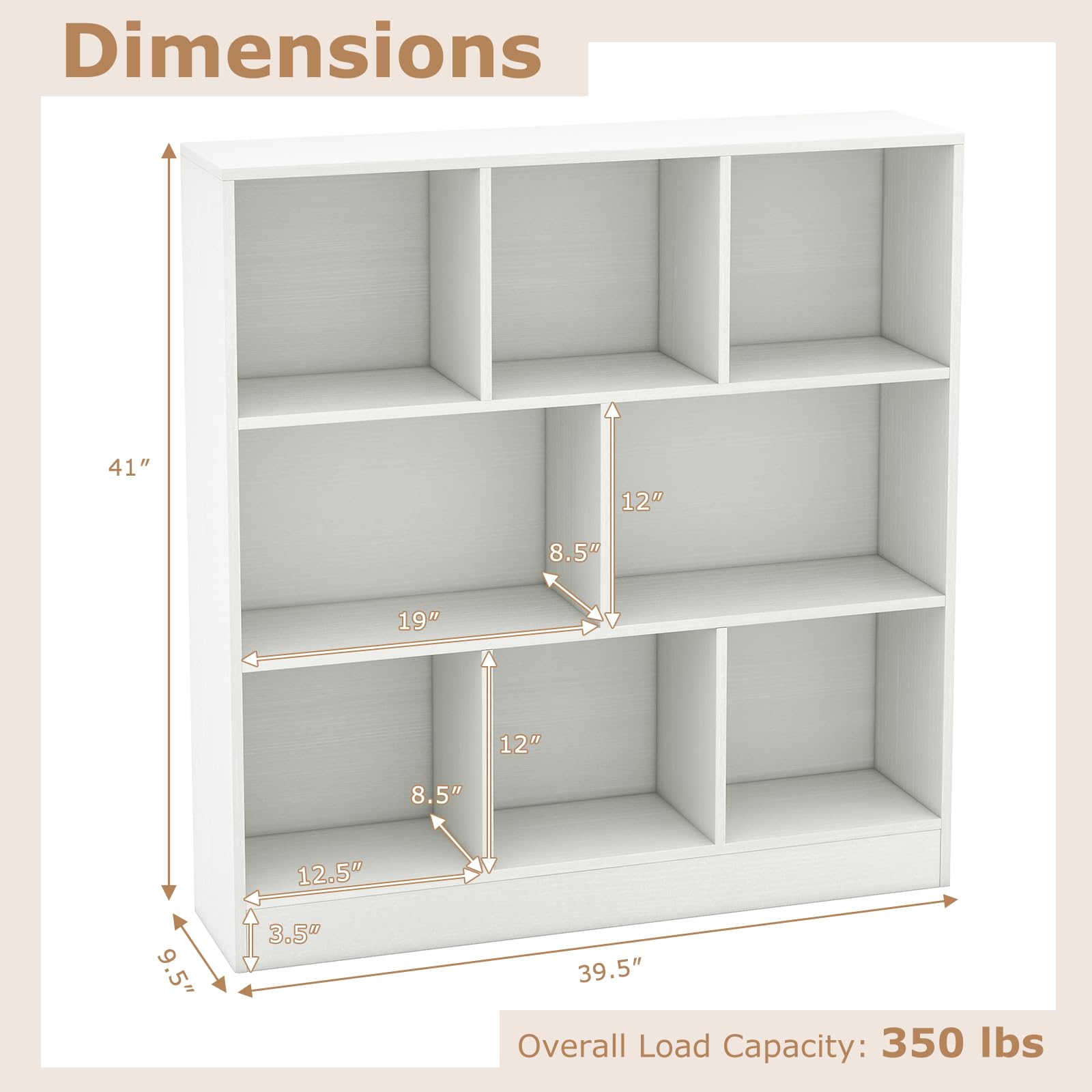 8-Cube Bookshelf, 39.5”L Floor Bookcase with 2 Anti-Tipping Kits, Freestanding Storage Organizer, 4-Tier Display Shelf for Home, Office & Dorms, Natural/White (White, 8-Cube)