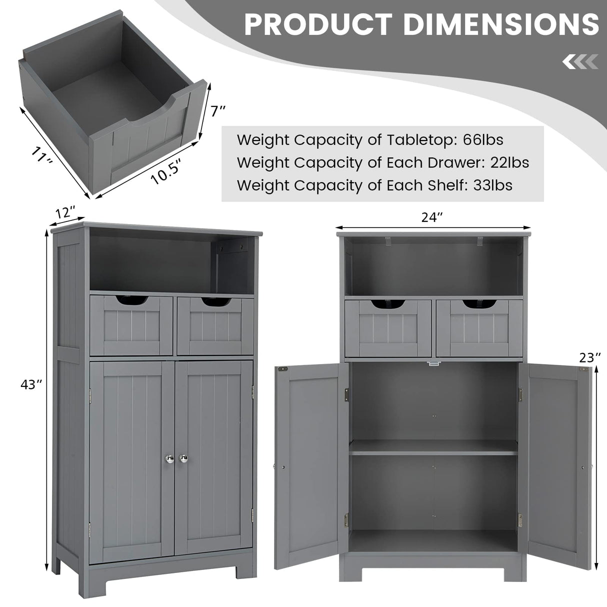 Bathroom Storage Cabinet, Freestanding Storage Organizer with 2 Drawers & Adjustable Shelf,