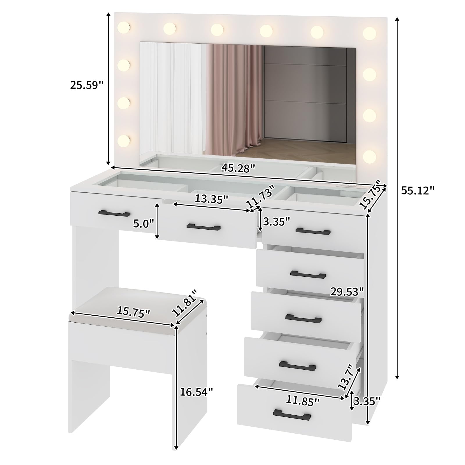 Desk with Large Lighted Mirror & Powre Outlet, Glass Tabletop Makeup Vanity Set with 7 Drawers, 45.3" Vanity Table with 3 Color Lighting Modes, Dressing Table for Women Girls, White