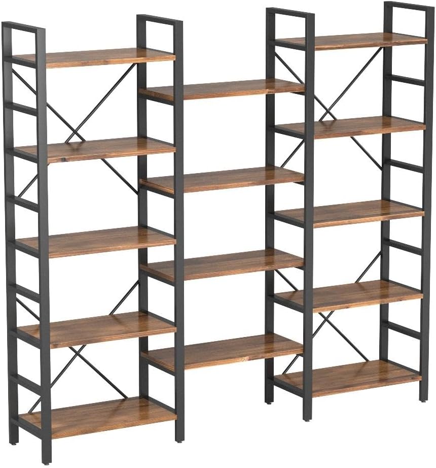 Triple Wide 5-Shelf Bookcase, Etagere Large Open Bookshelf Vintage Industrial Style Shelves Wood and Metal bookcases Furniture for Home & Office, 70 inch