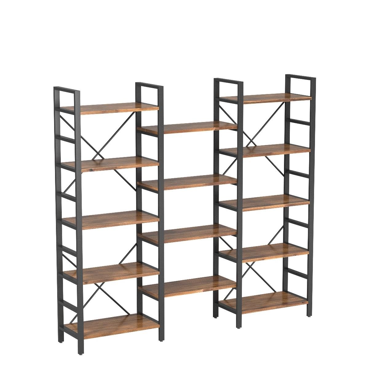Triple Wide 5-Shelf Bookcase, Etagere Large Open Bookshelf Vintage Industrial Style Shelves Wood and Metal bookcases Furniture for Home & Office, 70 inch