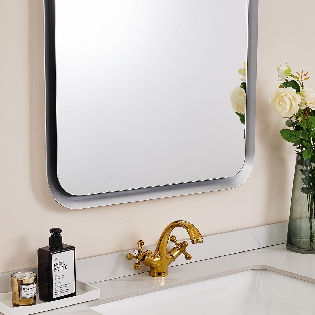 Silver Metal Bathroom Mirror, 24x40 Inch Rectangular Bathroom Sink Mirror,