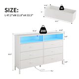 bedroom, White Bedroom Dresser with LED Lights and Charging Station, 6 Long Drawers