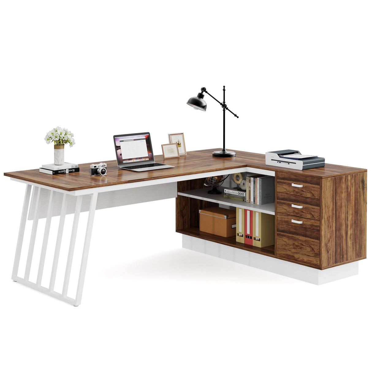 71-Inch Executive Desk, L-Shaped Desk with Cabinet, Large Office Desk with Drawers