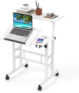 Mobile Standing Desk Stand Up Desk, Height Adjustable Home Office Desk with Standing & Seating 2 Modes, Tilting Tabletop & Flexible Wheels, Rolling Laptop Cart Sit Stand Desk (Walnut)