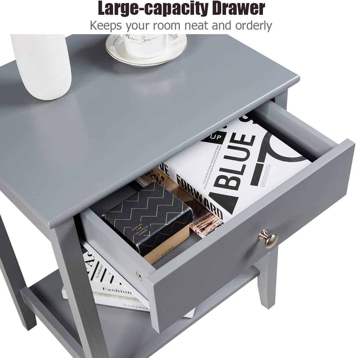 Nightstand Wooden 2-Tier Couch Sofa Side Table with Drawer, Storage Shelf