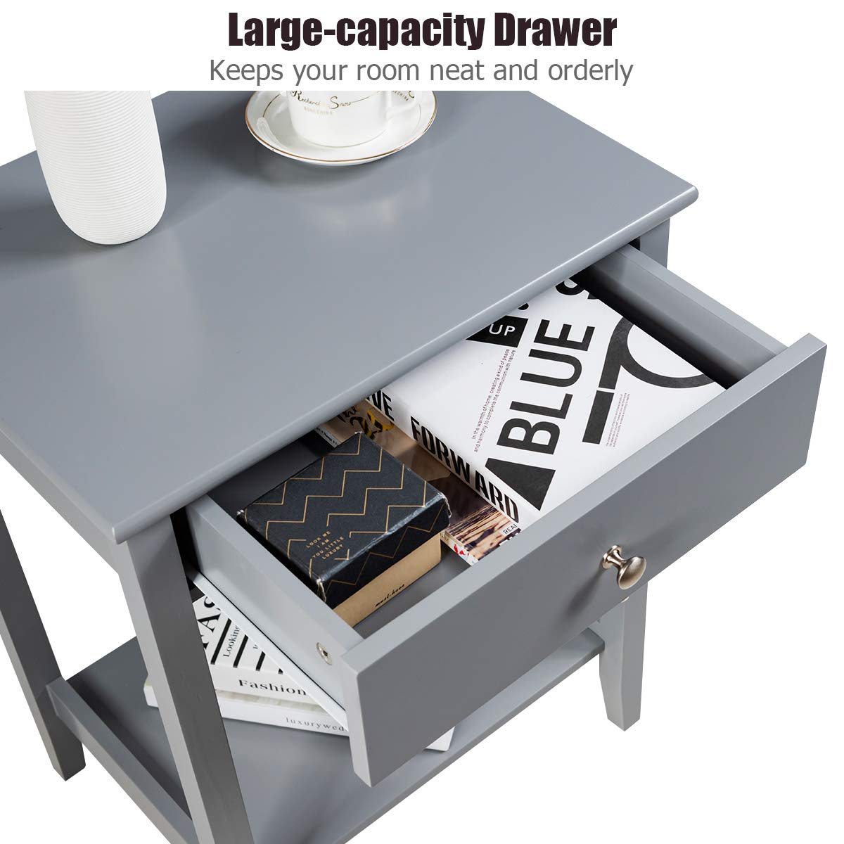 Nightstand Wooden 2-Tier Couch Sofa Side Table with Drawer, Storage Shelf