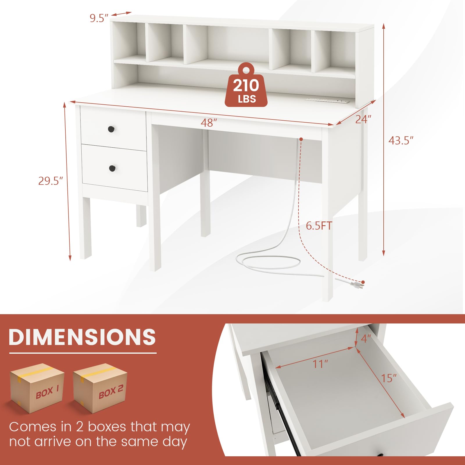 White Desk with Drawers & Hutch, Modern Home Office Desk Writing Study Desk