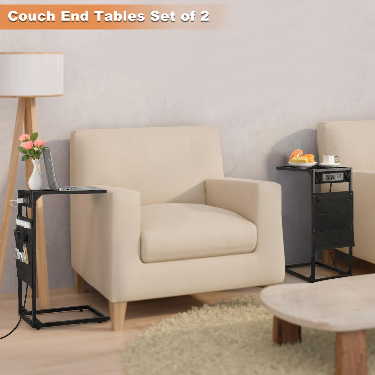 C Shaped End Table Set of 2, Side Tables with Charging Station, Couch Tables That Slide