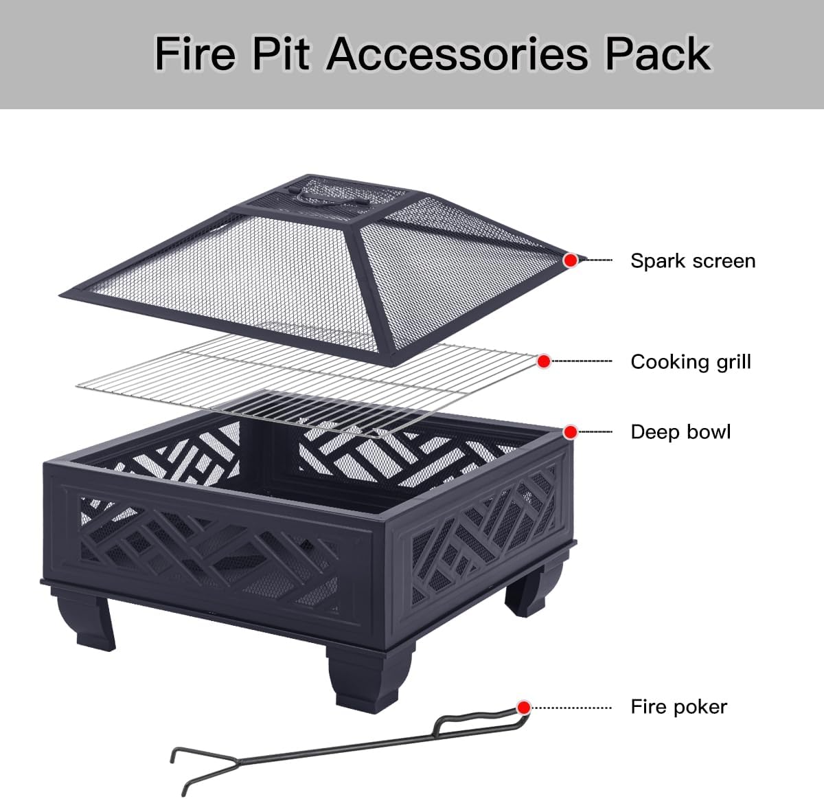 MistMo 26" Steel Square Fire Pit with Grill & Poker, Outdoor Fireplace with Mesh Cover for Patio, Backyard & Garden, Ideal - Bircata