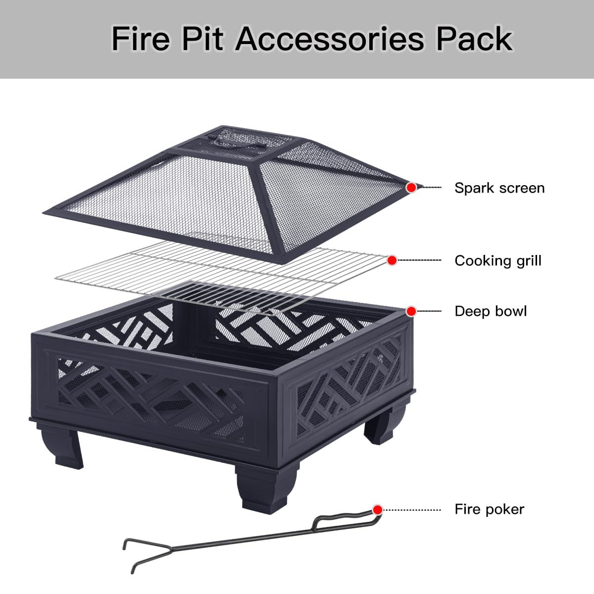 MistMo 26" Steel Square Fire Pit with Grill & Poker, Outdoor Fireplace with Mesh Cover for Patio, Backyard & Garden, Ideal