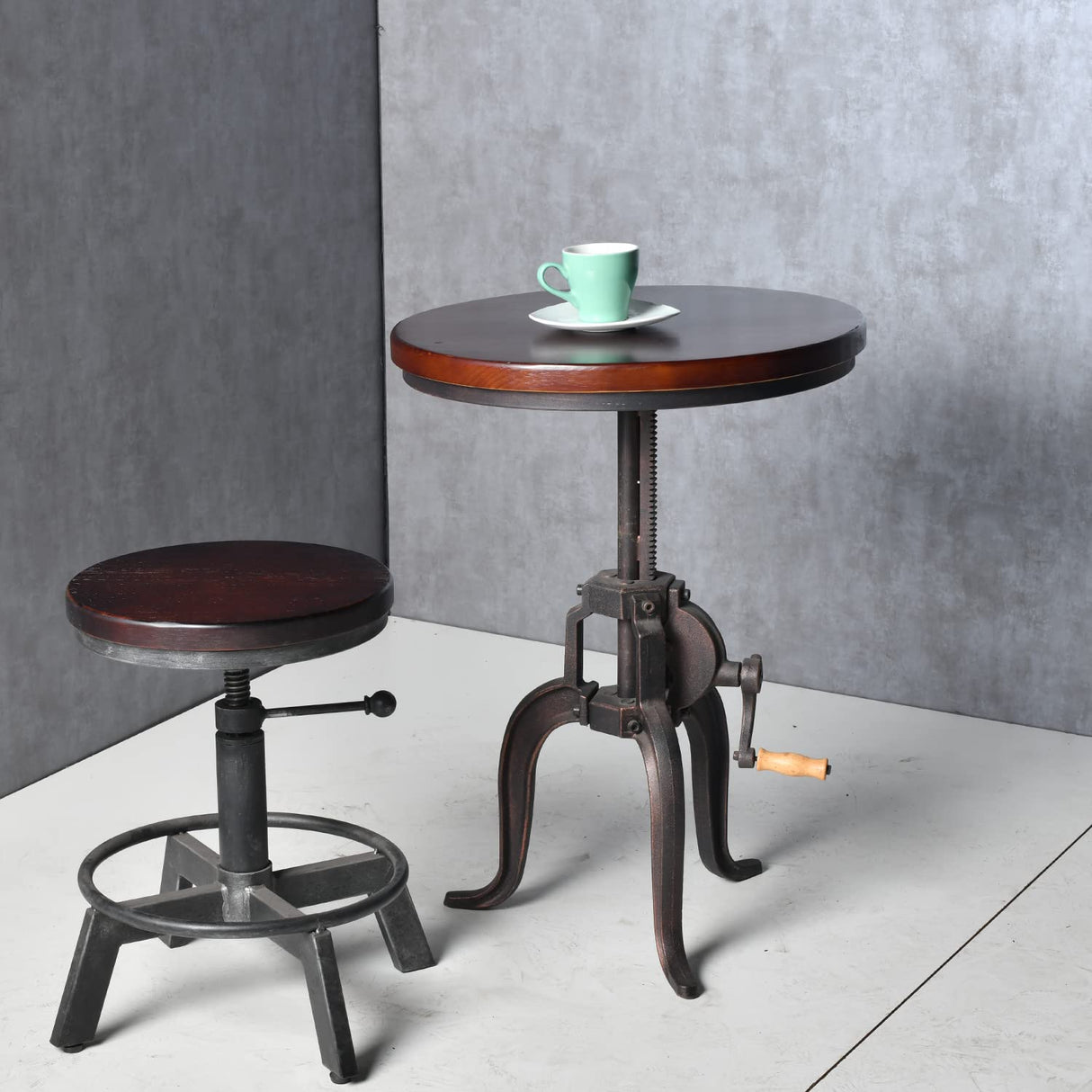 Industrial Iron Adjustable Crank Accent Table,Walnut Wood Top/Copper