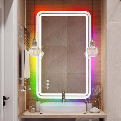 32x40'' LED Bathroom Mirror for Wall, Rounded Lighted Bathroom Mirror RGB Backlit and Frontlit