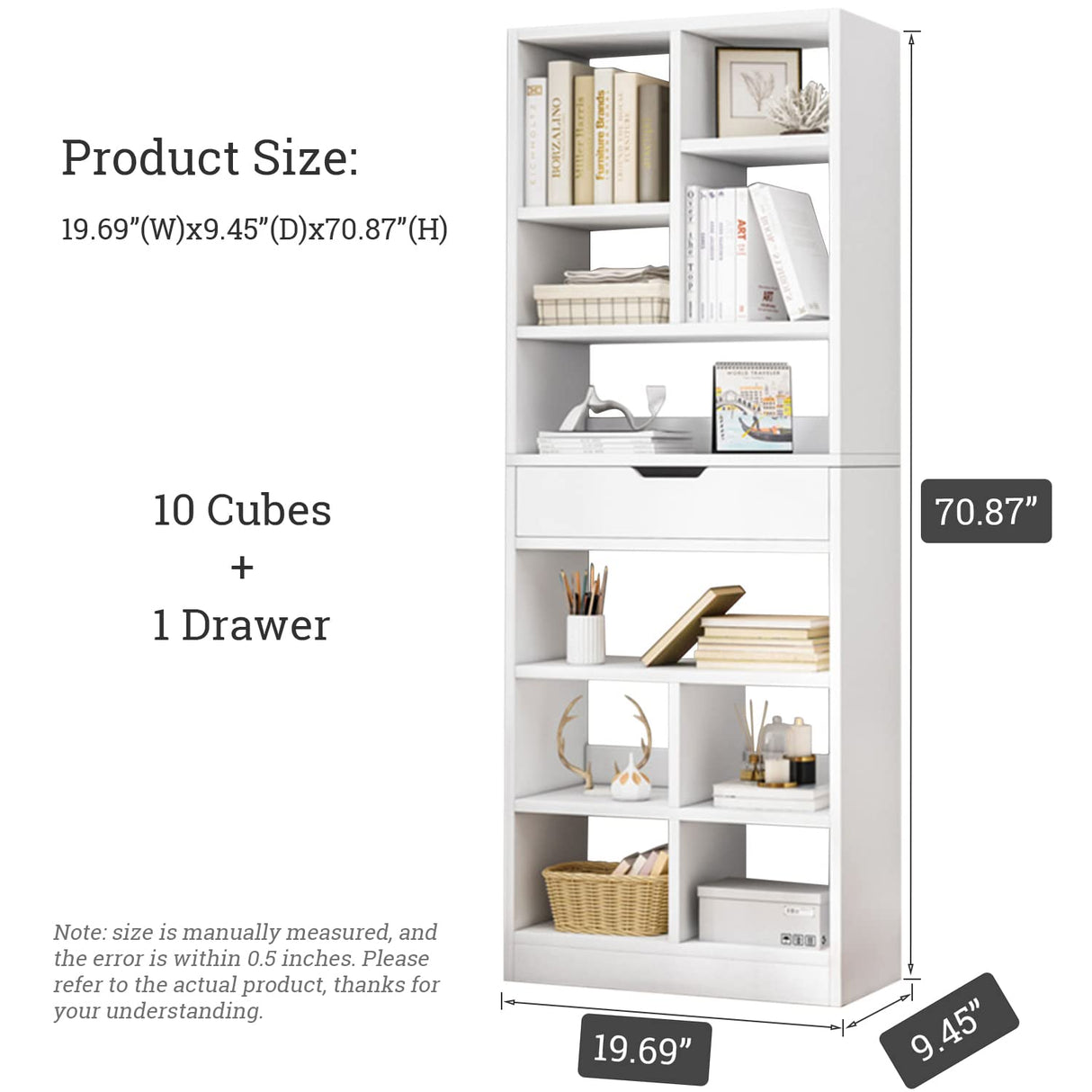 IOTXY Wooden Open Shelf Bookcase - 71 Inches Tall Freestanding Display Storage Cabinet Organizer with 10 Cubes and a Drawer, Floor Standing Bookshelf in Warm White