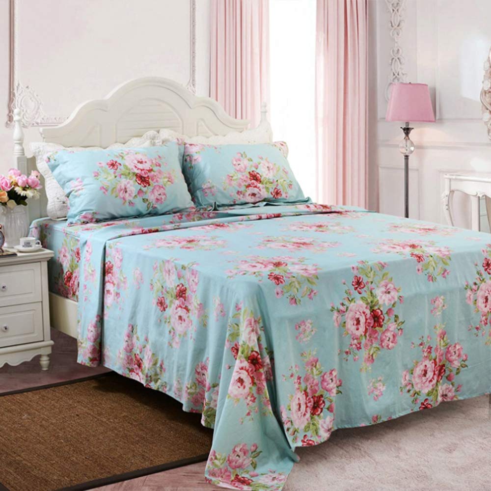 Cotton Bedding Sheet Set, Extra Soft 100% Cotton Sheet Set, Shabby Pink Floral Print Bed