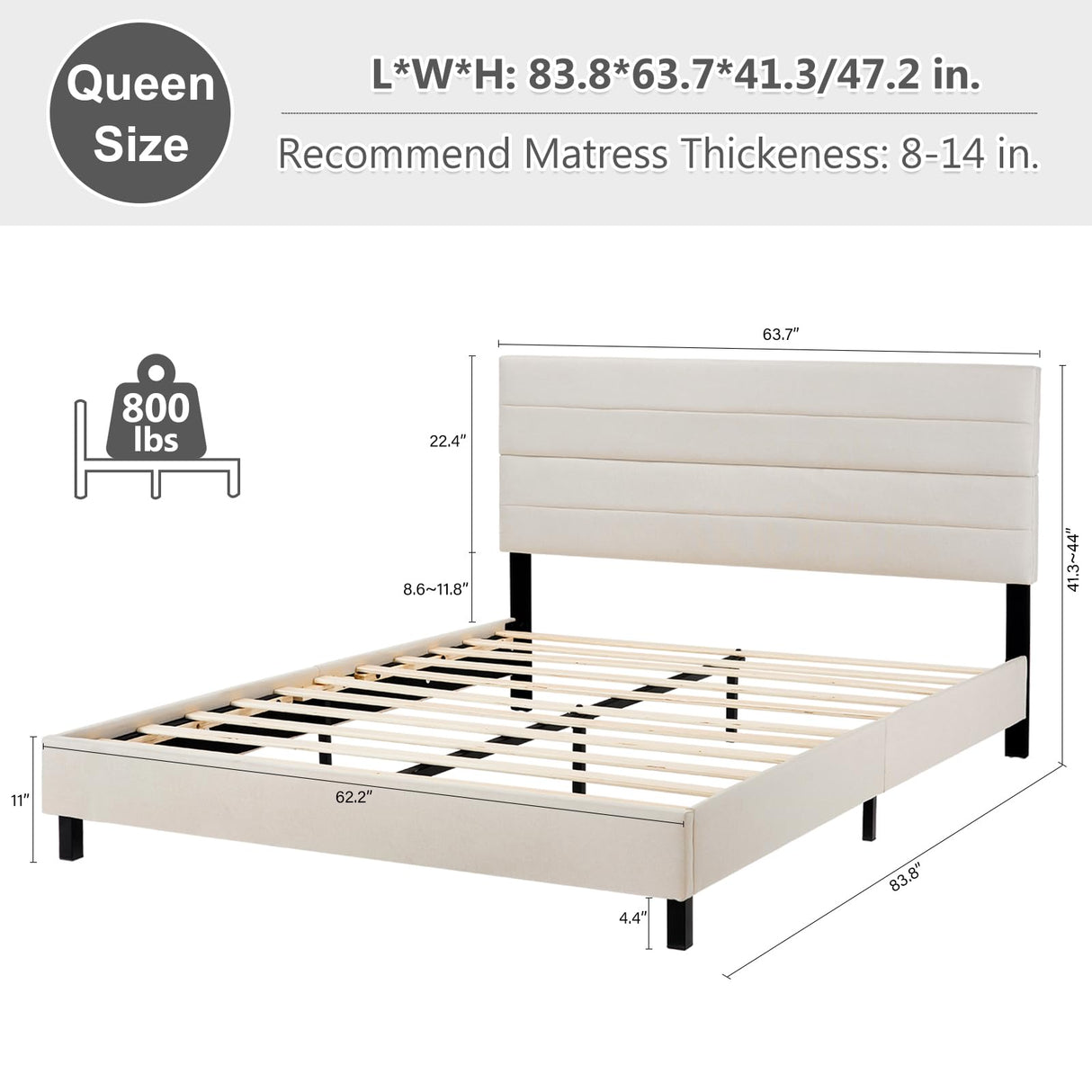 Queen Bed Frame, Modern Upholstered Bed Frame with Adjustable Linen Headboard