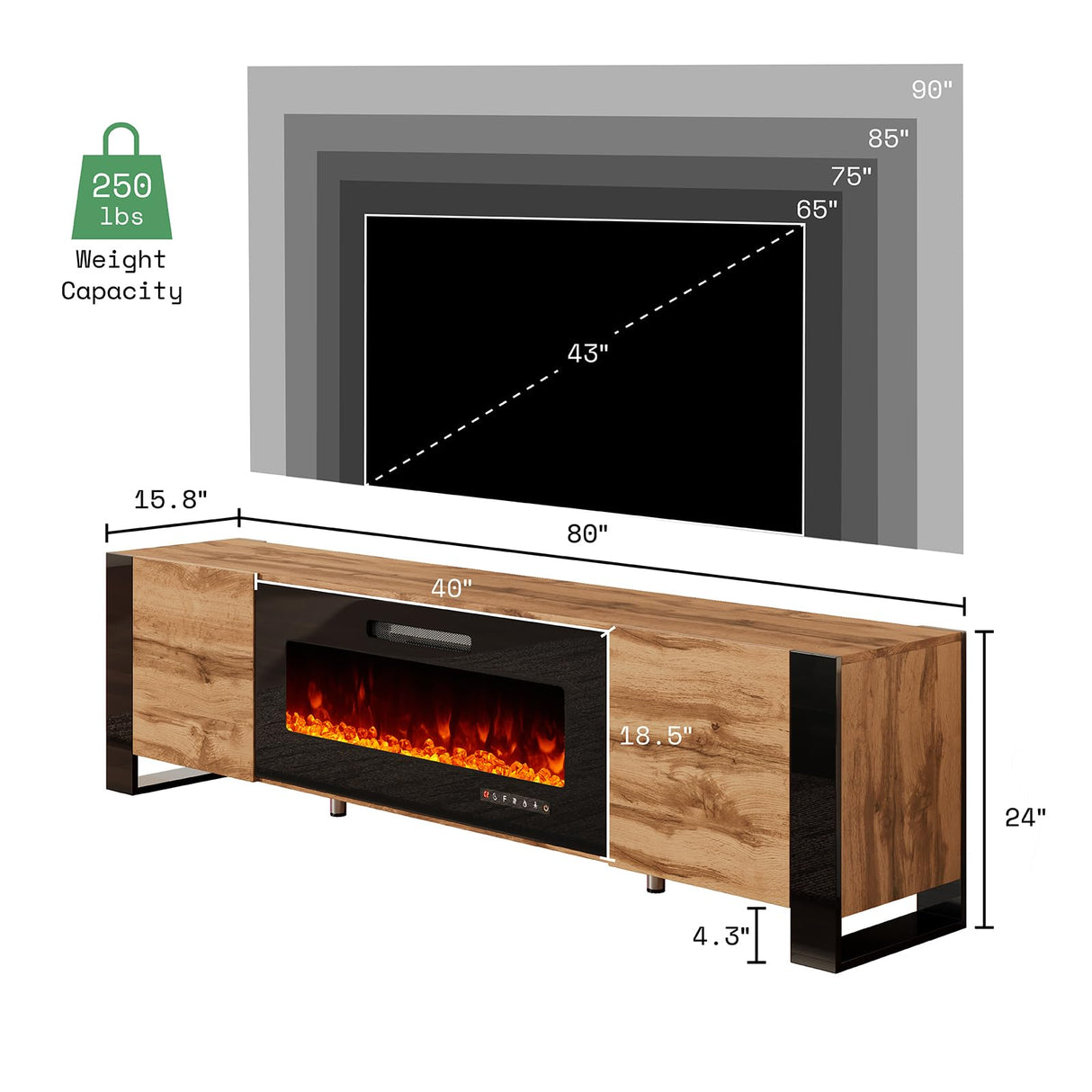 Fireplace TV Stand with 40" Fireplace, 80" Modern High Gloss Entertainment Center