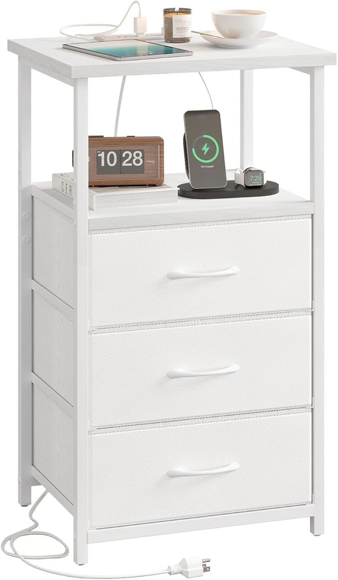 Night Stand with 3 Fabric Drawers, Tall Nightstand for Bedroom, Bedside Table with Charging Station End Table with Storage,