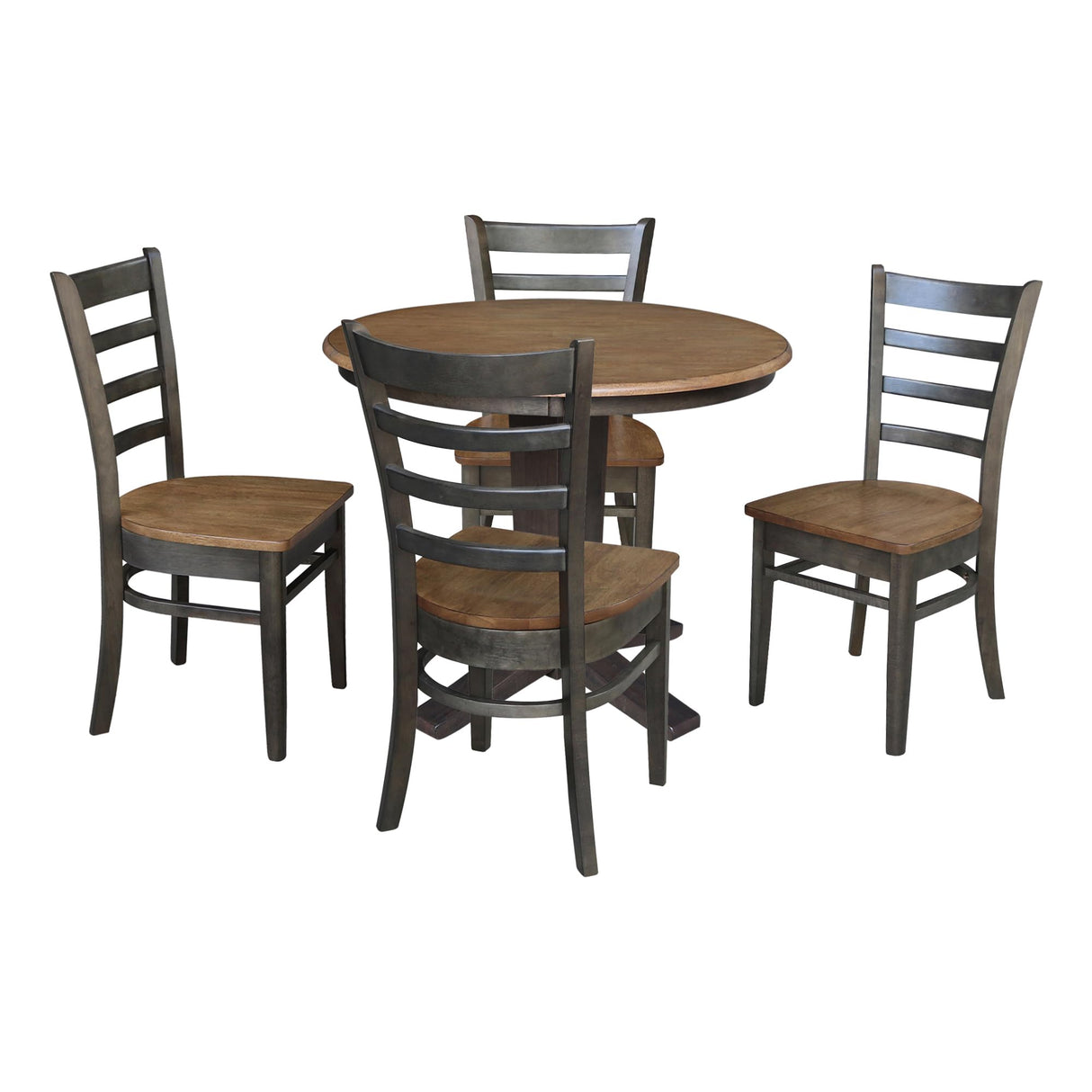 in Round Top Pedestal Dining Table with 4 Dining Chairs in Hickory/Washed Coal - 5 Piece