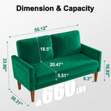 Loveseat Small Sofa, 55" Couch Mid Century Modern Velvet Couch for Small Spaces, Bedroom and Living Room, Easy to Install, Green