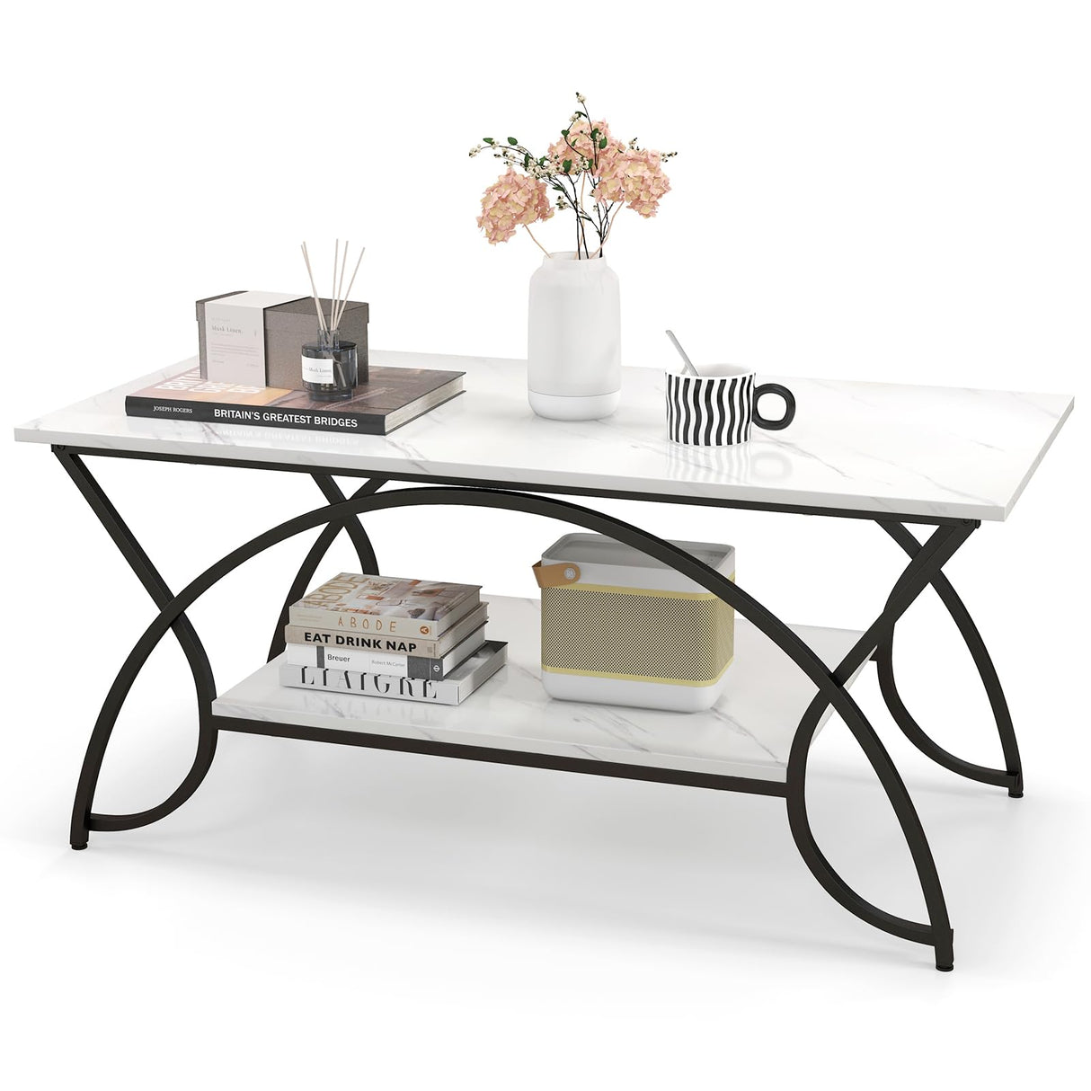 2-Tier Rectangular Coffee Table, Faux Marble Table with Open Storage Shelf