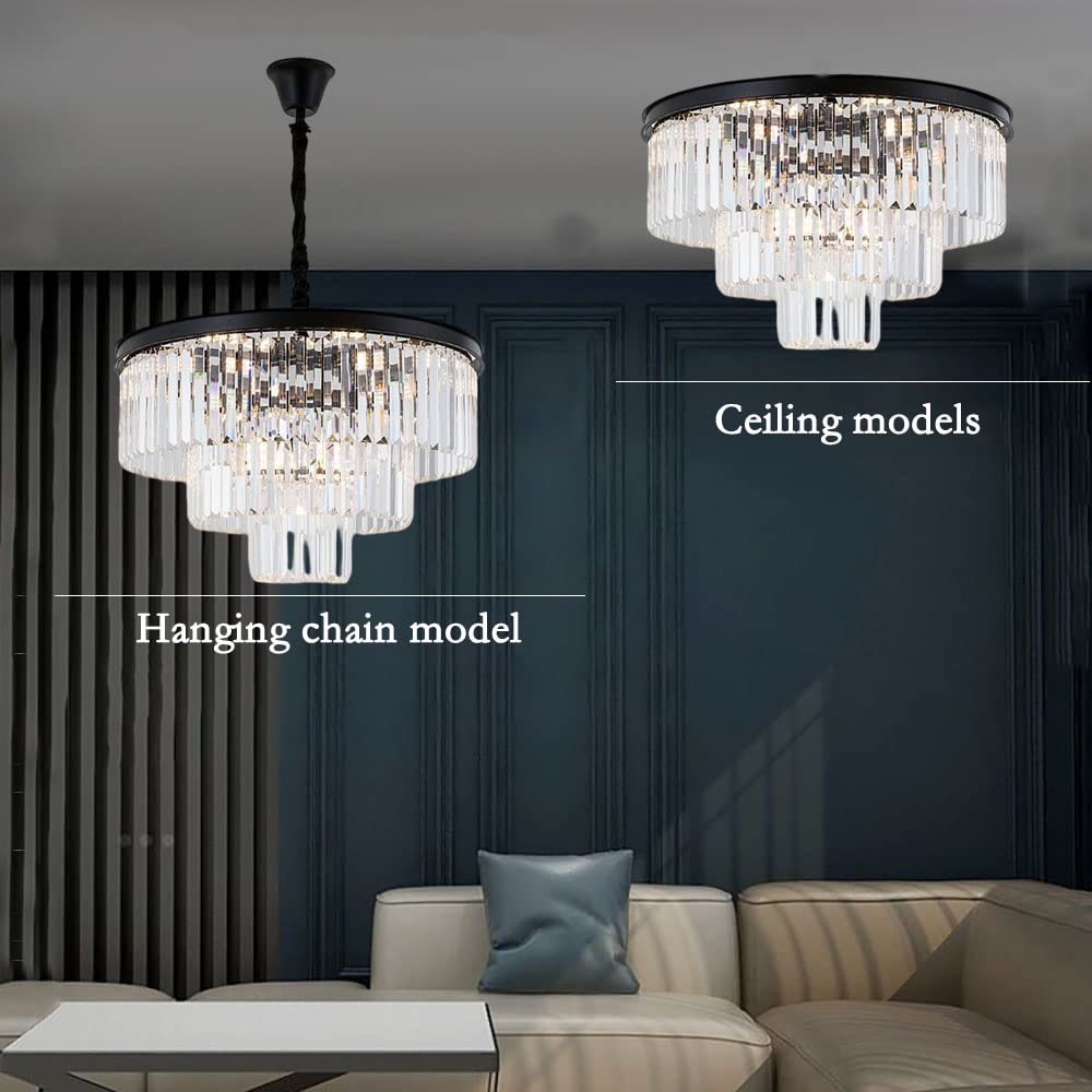 Crystal Pendant Light, Modern 3-Tier Chandelier Black Flush Mount Close to Ceiling